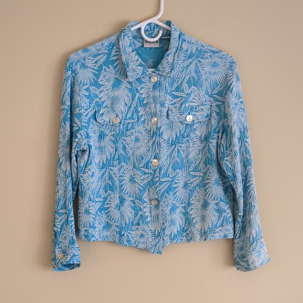 Large Chico's Size 2 Silk Blend Blue Crinkle Tropical Coastal Shacket Shirt